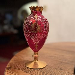 Vintage Ruby Red Art Glass Vase likely of Bohemian/Czech or Italian Murano 8.25”