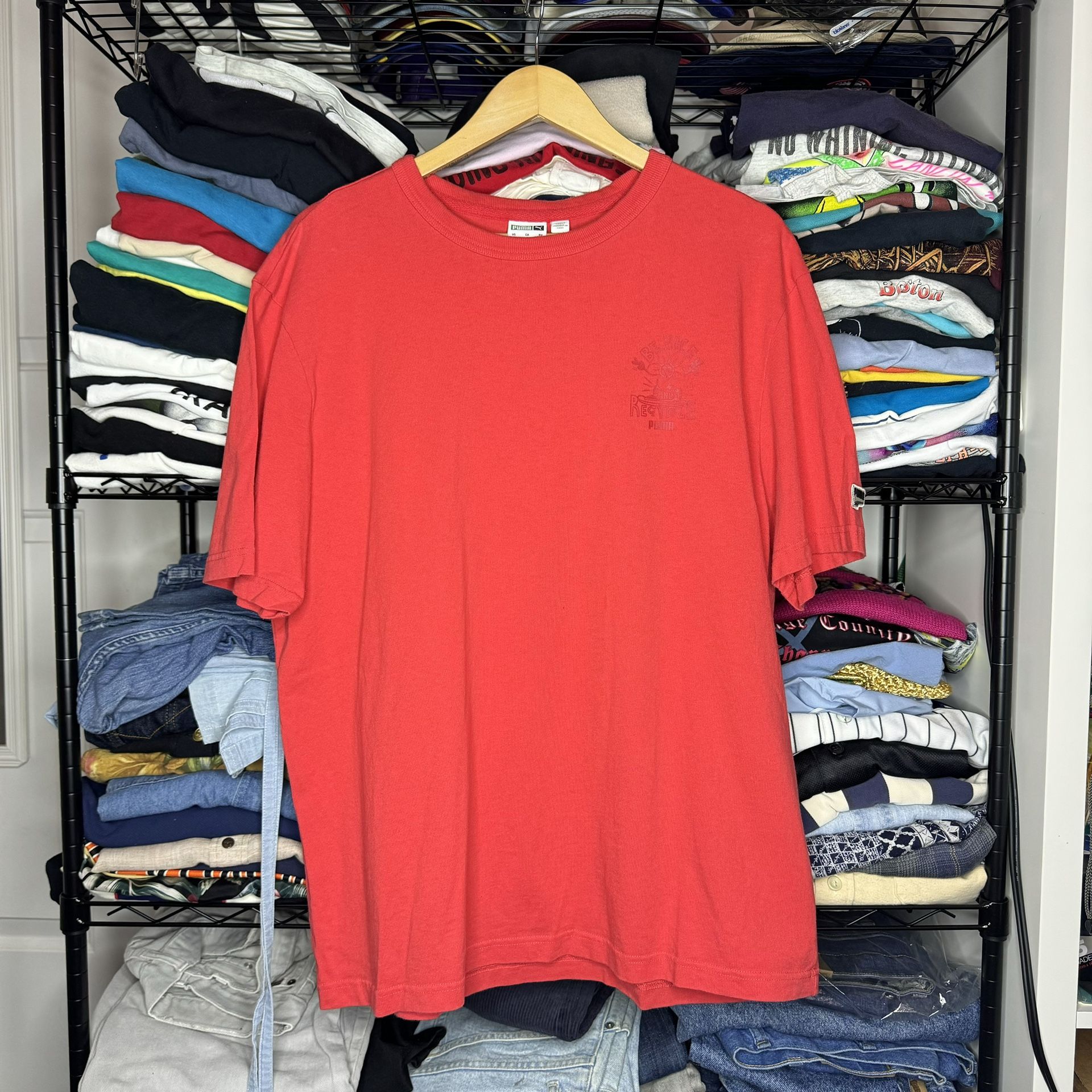 Puma Red “Be Nice Recycle” Crewneck Subtle Logo T-shirt Sz Large