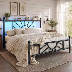 ❤️‍🔥 #B  Queen size metal platform bed base with classic iron art headboard and LED light, mattress base $100