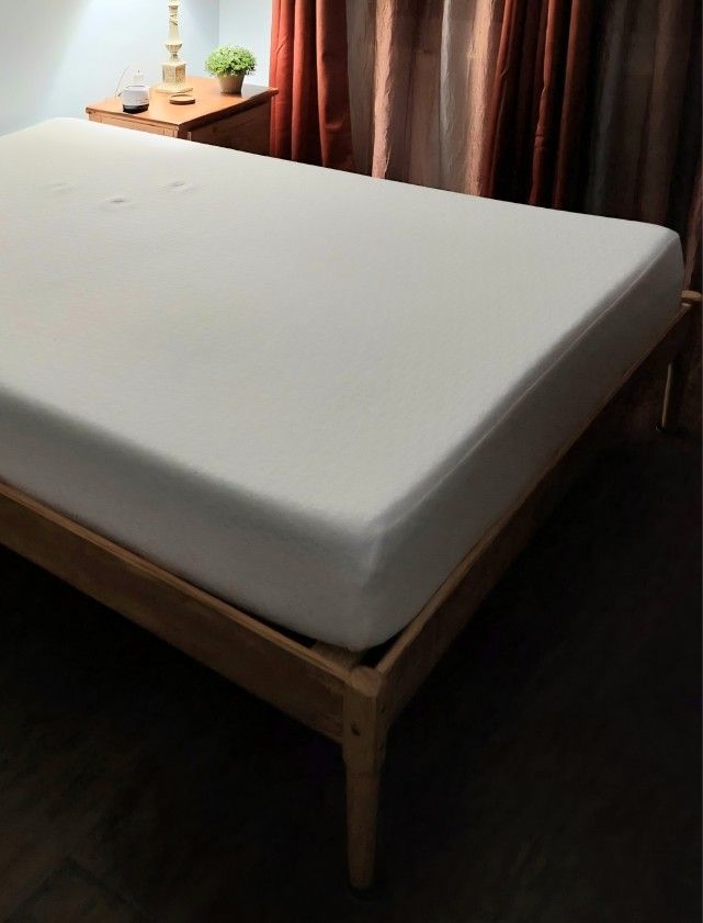 queen bed frame and mattress and nightstand