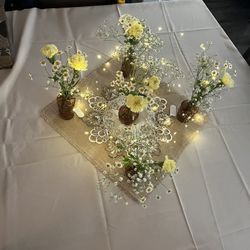 Wedding Table Decor - 12 Burlap Squares, 12 Embroidered Doilies & 1 Embroidered Table Top Runner