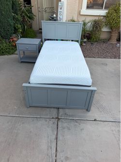 Twin bed with storage and mattress, nightstand