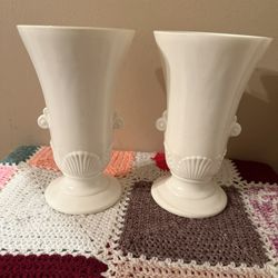 Set Of 2 Shell Vitrock Milk Glass Vases