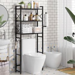 Over The Toilet Storage Rack with Toilet Paper Holder, Heavy Duty Metal 3 Tier Bathroom Organizer Shelf with 3 Hooks,Black