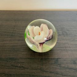 Vintage Art Purple and White Flower, Blown Glass Ball Paperweight 2" high