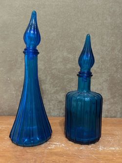 Old Flame Candle Co. Vintage Cobalt Blue Ribbed Decanter set of two COLLECTORS ITEM