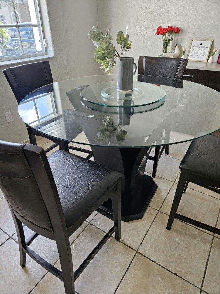 Round Glass Dining Kitchen Table with Spinning Lazy Susan