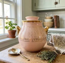 Vintage Pink & Gold Basket Weave Cookie Jar
