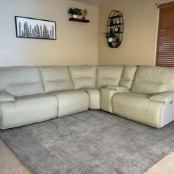 Cream Leather 5pc Power Reclining Sectional