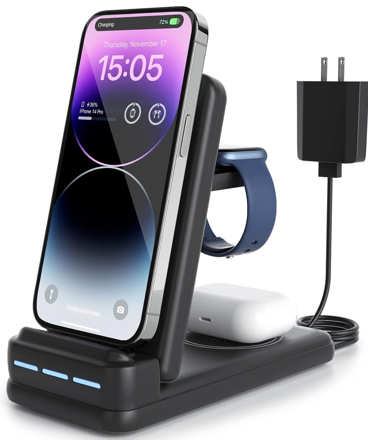  3 in 1 Charging Station for Apple - Foldable Wireless Charger for iPhone15/14/13/12/Pro/Plus/11/XS/XR/X/8, Charger Stand Compat