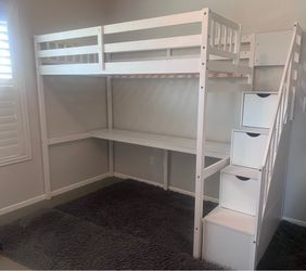 Twin Loft Bed with Desk & Stairs + Mattress & 8x10 Shag Rug – $350 OBO