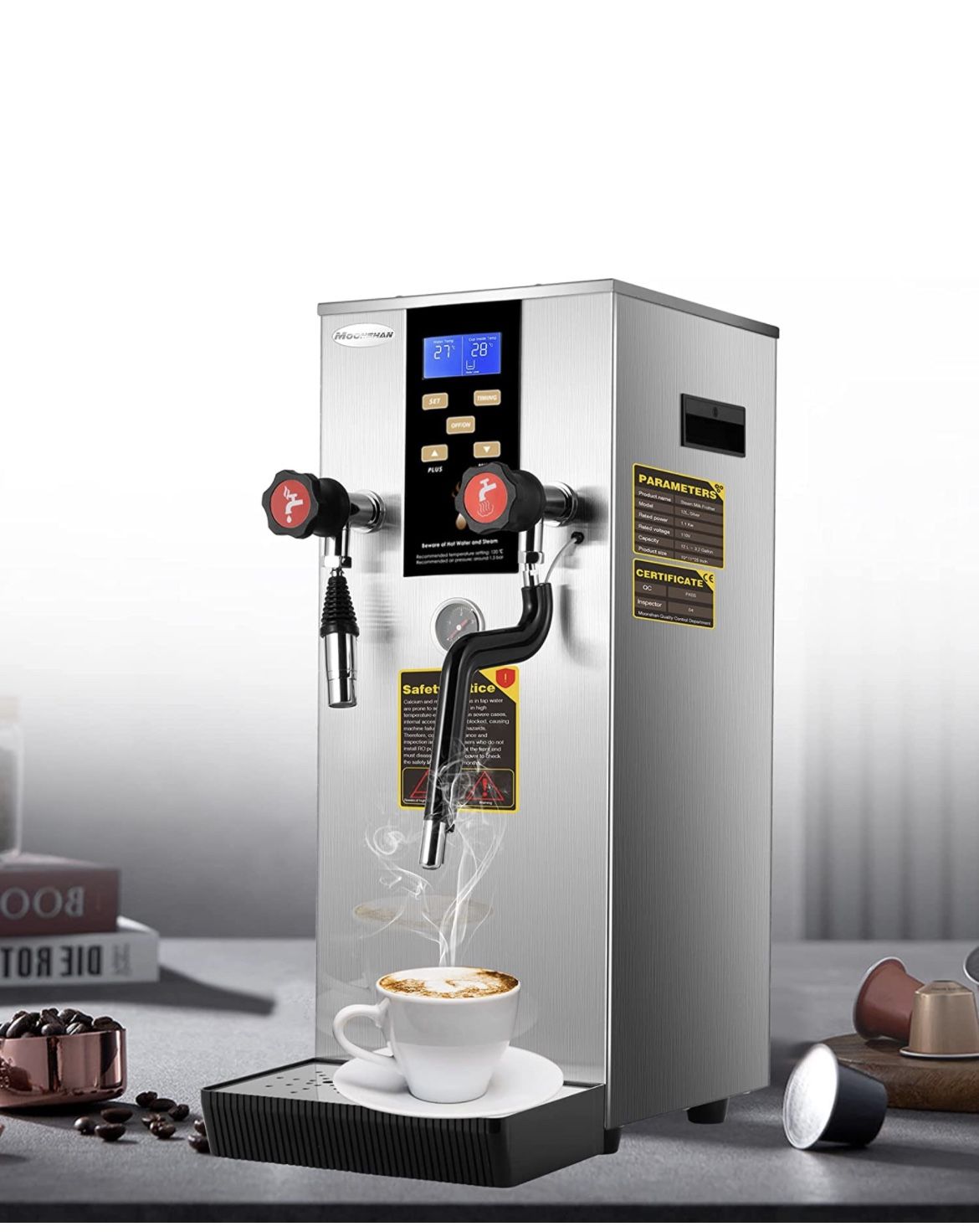 Commercial Steam Milk Frother 4 IN 1 Milk Steamer Machine with 400 Fl Oz Capacity Electric Fully-Automatic Coffee Foam Maker Frothing Machine for Coff