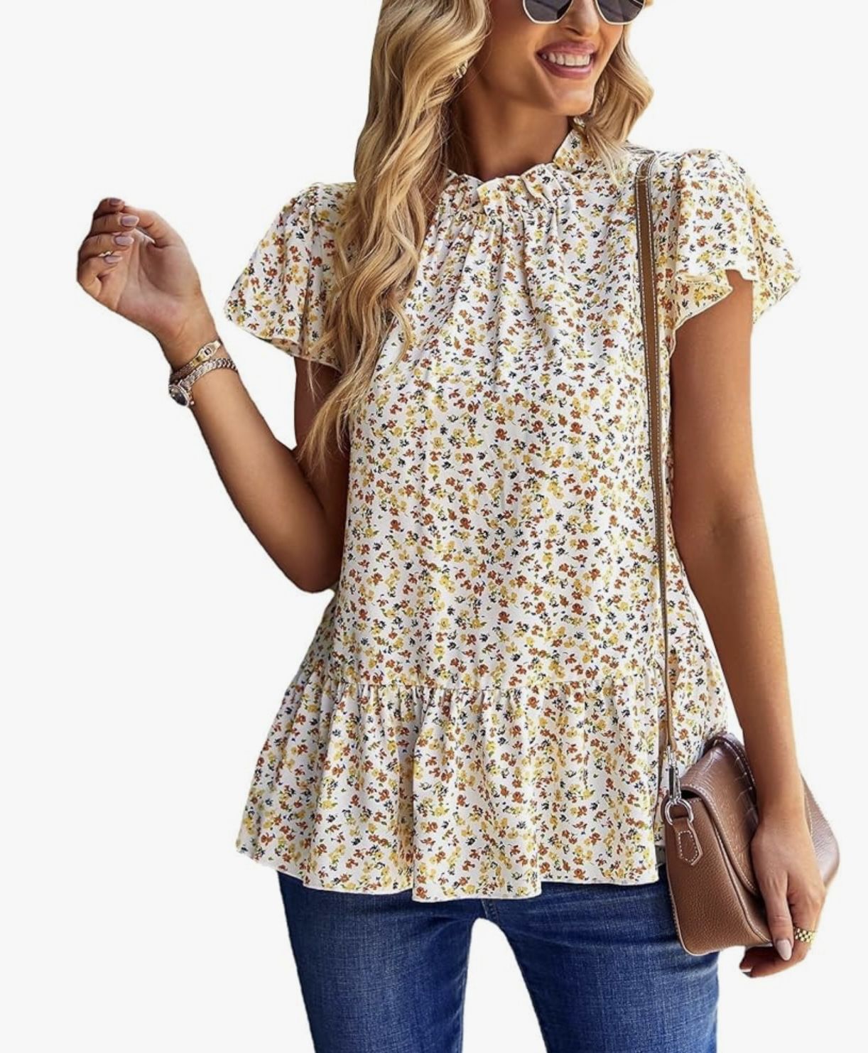 Womens Casual Ruffle Tops: Short Sleeve Summer Blouses Soild Crewneck Tunics Shirts
