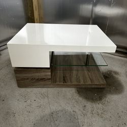 Modern 3-Tier Coffee Table - High Gloss White & Wood Grain