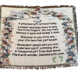 Baby Stork Woven Tapestry Throw Blanket Nursery Floral Fringe Poem Keepsake