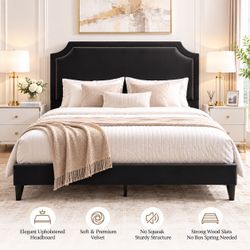 King Size Bed Frame Chenille Upholstered Platform Bed with Notched Adjustable He