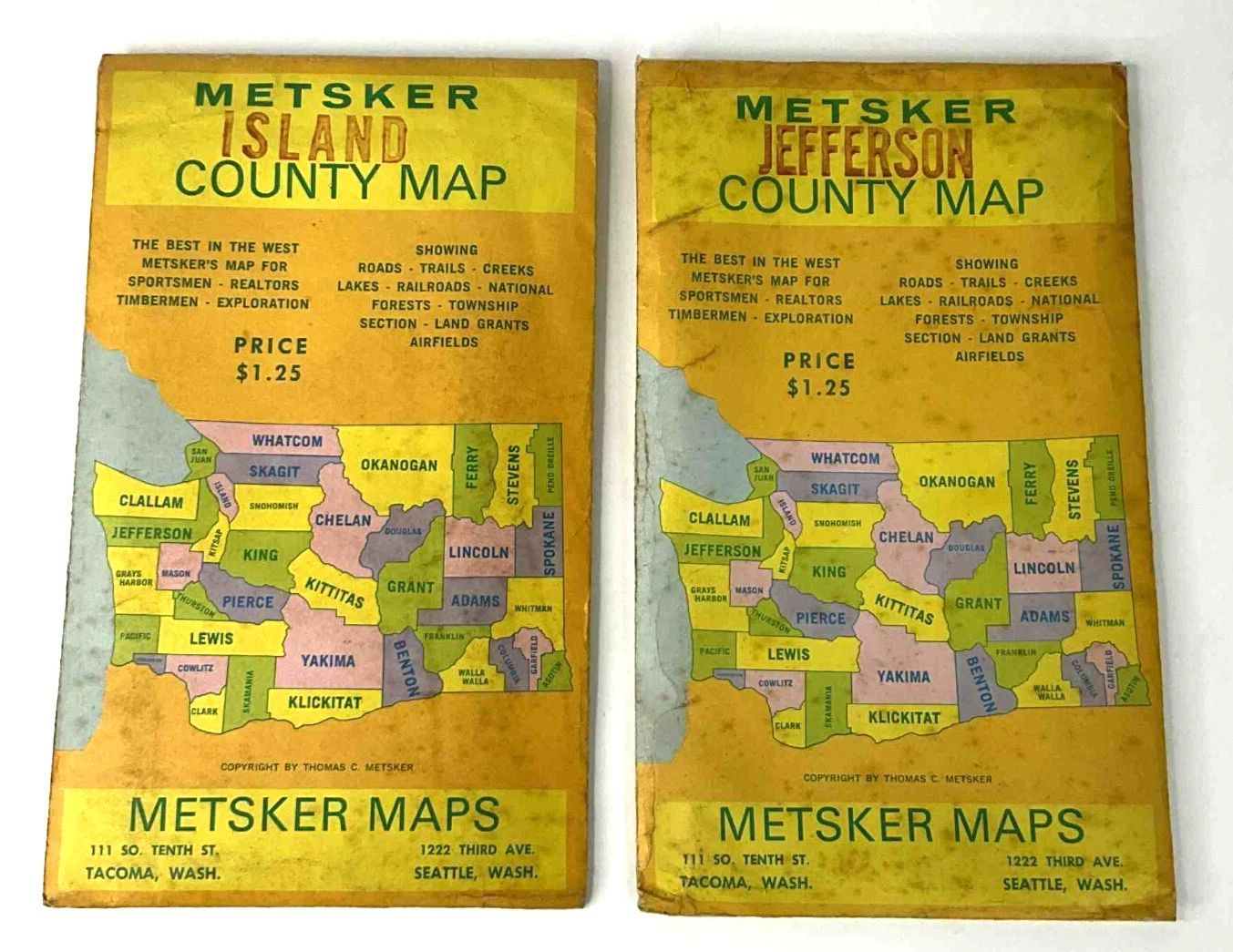 Lot of (x2) Vintage Metsker Jefferson And Island County Map
