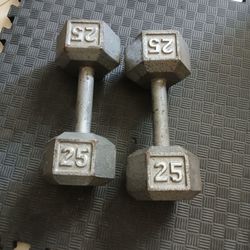 PAIR of 25lbs Cast Iron Hex Dumbbells