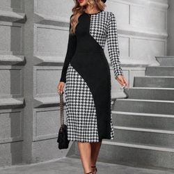 Houndstooth Print A-Line Dress