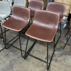 New assembled set of 4, 24 in. Whiskey Brown Faux Leather Bar Stool Low Back Metal Frame Counter Height Bar Stool 