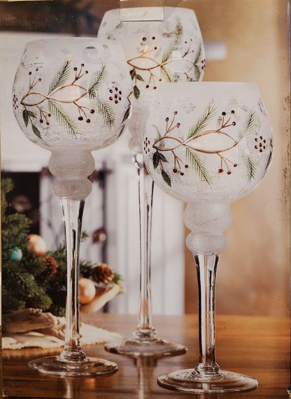 Long Stemmed Crackle Glass Winter Holiday Season Tealight Holders (Set of 3)