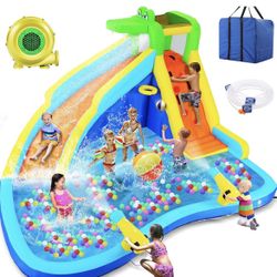 Inflatable Water Slide, 8 in 1 Outdoor Inflatable Water Park with Climbing, Basketball Rim, Splash Pool, Water Cannon, Blow up Water Slides for Kids B