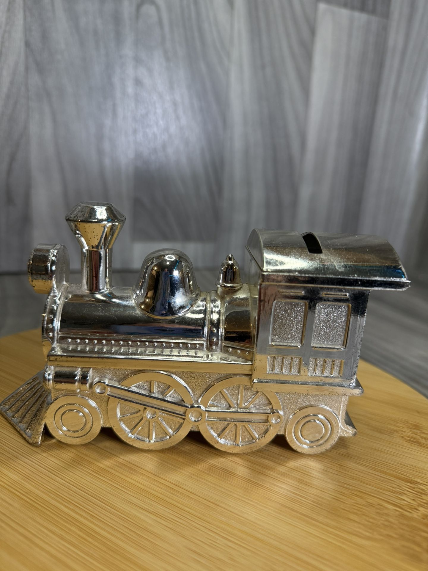 Vintage Silver Tone Train Engine Piggy Bank Locomotive Coin Keeper Keepsake Gift