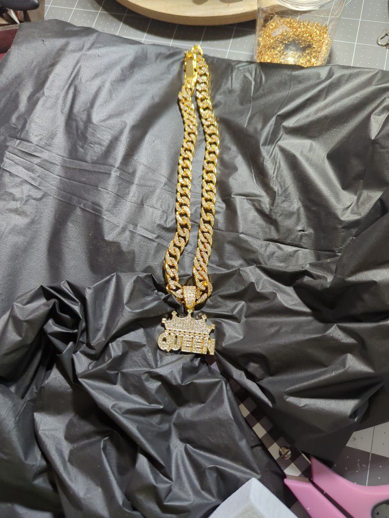 Bold Letters Queen The Chain Is Heavy Everything Is 18 Karat Gold Filled With Crystals