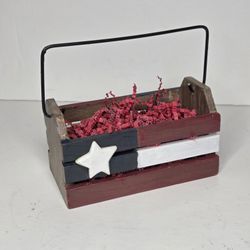 Patriotic American Flag Small Wooden Crate with Handle - Rustic Primitive Decor Box