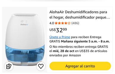 AlohaAir Small Dehumidifier 34oz Water Tank 200 Sq Ft Auto Shut-Off LED Night Light