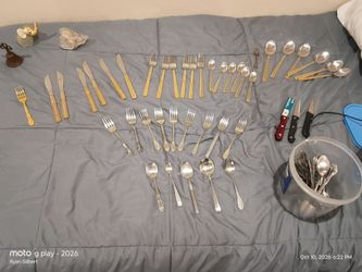 Mixed antique silverware. Gold electroplated, scandinavian, Germanic, hand engraved set( valued at $400 in current condition),