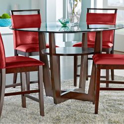 Espresso 5 Pc 56" Round Glass Counter Height Dining Set with Red Stools