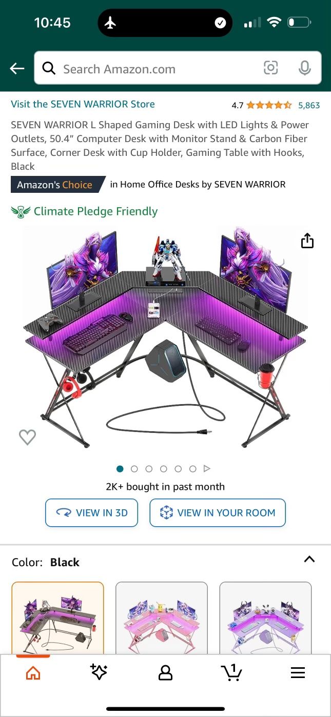 SEVEN WARRIOR L Shaped Gaming Desk with LED Lights & Power Outlets, 50.4