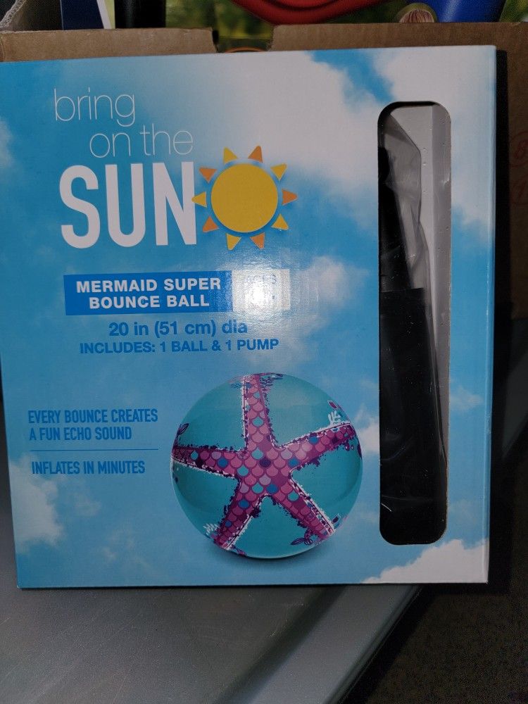 NEW MERMAID SUPER BOUNCE BALL.  EVERYBODY CREATES AN ECHO.  20" D INCLUDES BALL AND PUMP