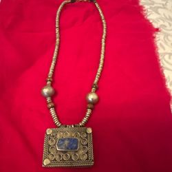 Tribal Silver  plate Beaded Necklace with Blue Stone Pendant