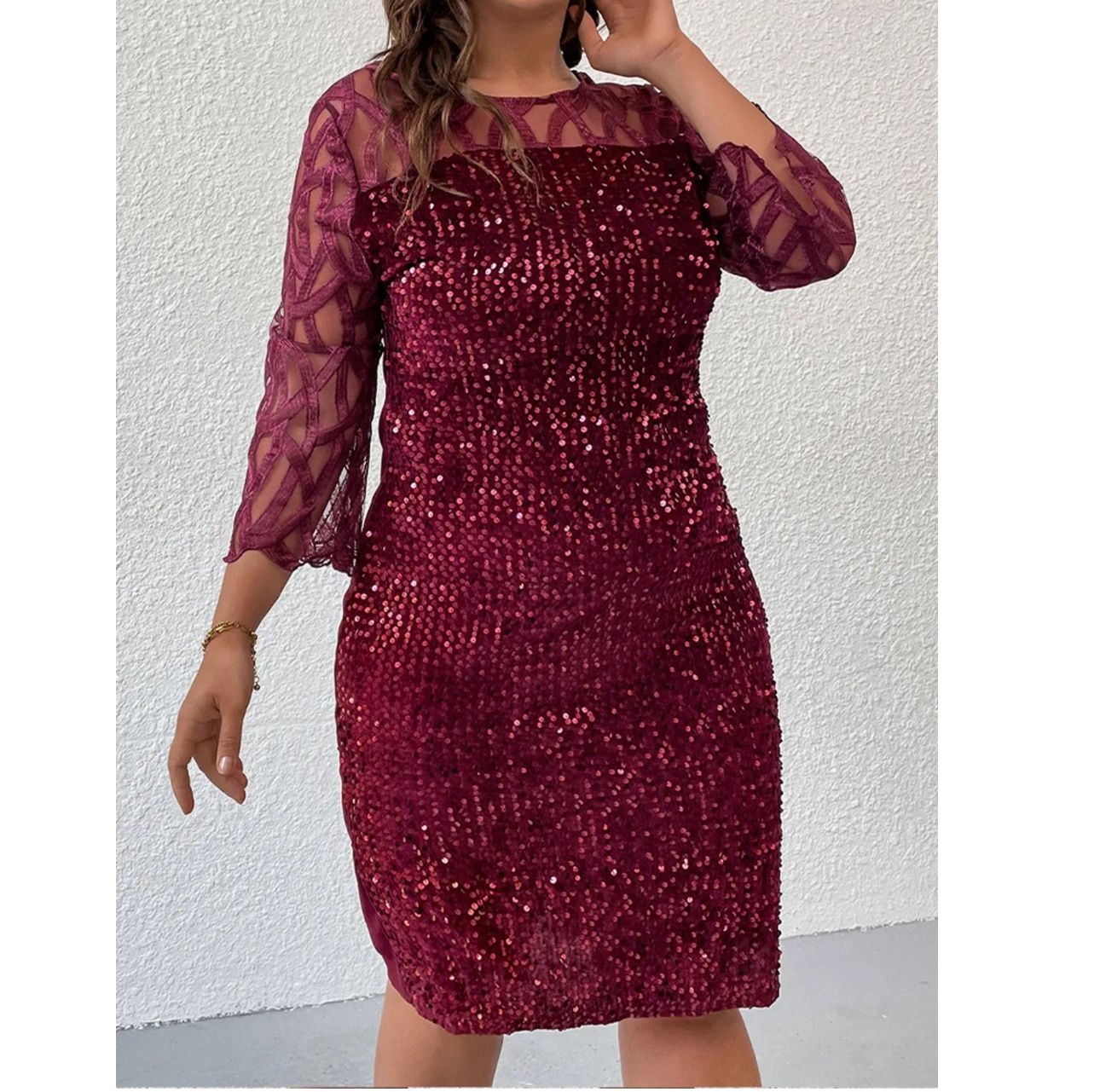 Long Sleeve Dress Plus Size Sequin Mesh Long Sleeve