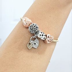 GOLD with silver rose gold heart charm women's bracelet gift
