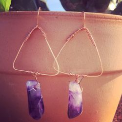 Triangular Bronzed Earrings With Amethyst Stone