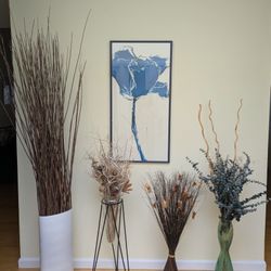 4 Dried Floral/Branches Arrangements, 3 with Large Glass Vases