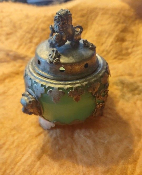 Rare Brass Jade Chinese Foo Dog Incense Burner