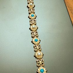 Beautiful Real 14k Gold Bracelet, Turquoise, Pearls, 17g