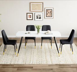 5-Piece Modern Dining Set with Marble Top Table and 4 Black PU Leather Chairs