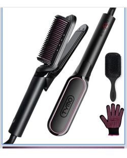 TYMO Flat Iron Hair Straightener Brush 2 in 1, Ceramic Hot Comb for Anti Frizz