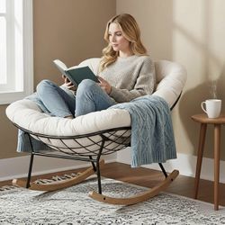 Cotton Rocking Chair Nursery Saucer Glider Rocker Papasan Upholstered Accent Armchair Comfy Nursery Rocking Chairs for Living Room Bedroom (Ivory)