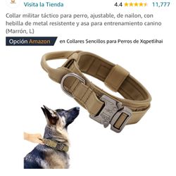 Collar militar táctico para perro, ajustable, de nailon, con hebilla de metal resistente y asa para entrenamiento canino (Marrón, L)