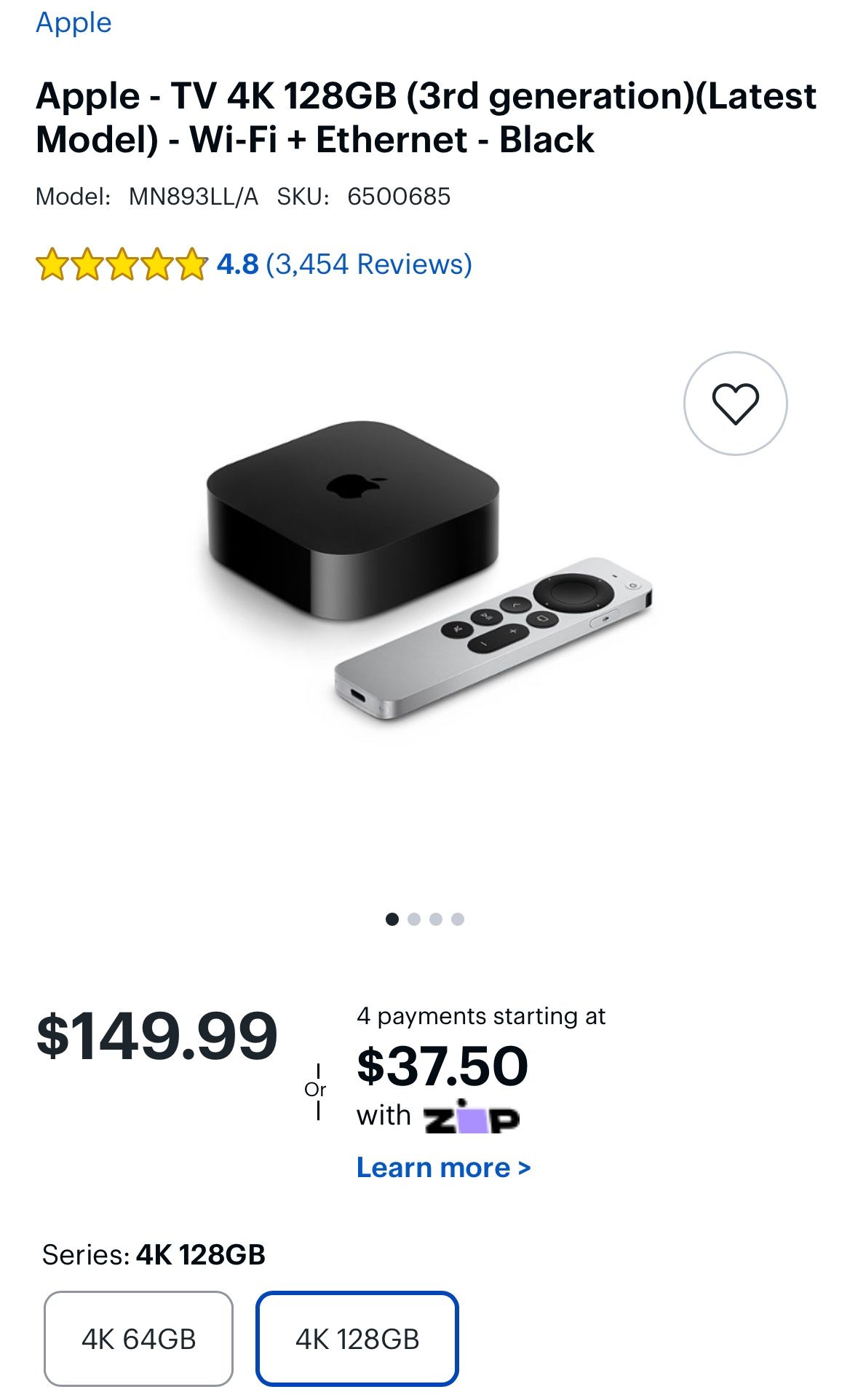 Apple Tv Generation Three With Wi-Fi And Ethernet Connection 64 Gigs