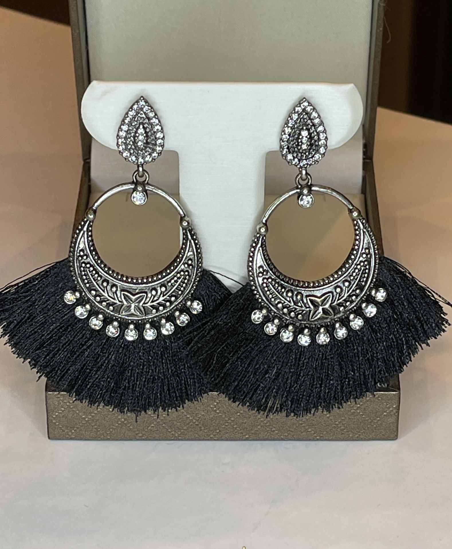 Boutique Black Fringe Earrings With Crystal Detail