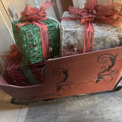$15 Wooden Sleigh Sled With 3 Gift Boxes Runners Bent A Bit 41L 17w