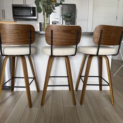 29” Swivel Bar Stools (Set of 3) – Mid-Century Bentwood, Walnut + Cream PU