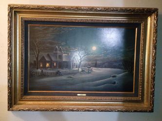 Mark Keathley Framed Winter Farmhouse Night Scene Painting